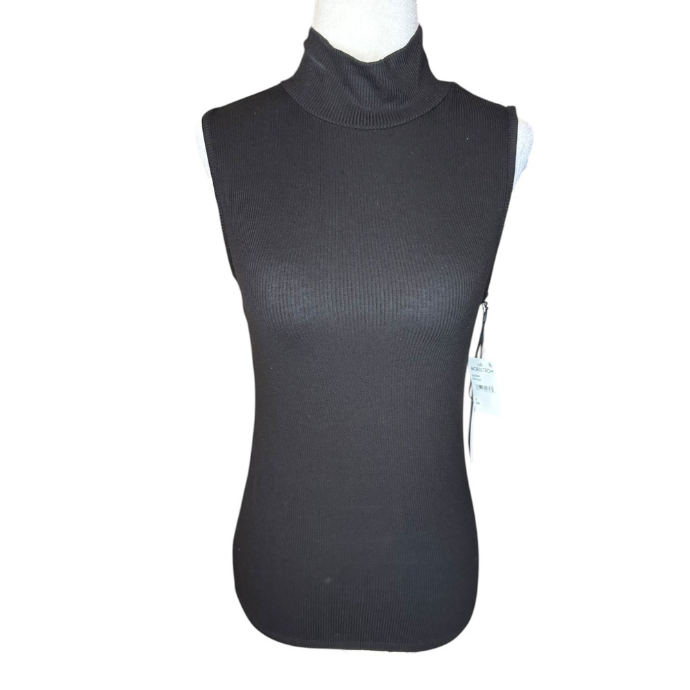 1.STATE Women's Black Ribbed Sleeveless Turtleneck Knit Top Size Small NEW